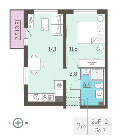 Однокомнатная квартира 36.7 м²