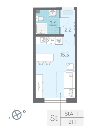 Студия 21.1 м²