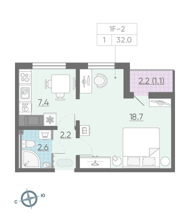 Однокомнатная квартира 32 м²