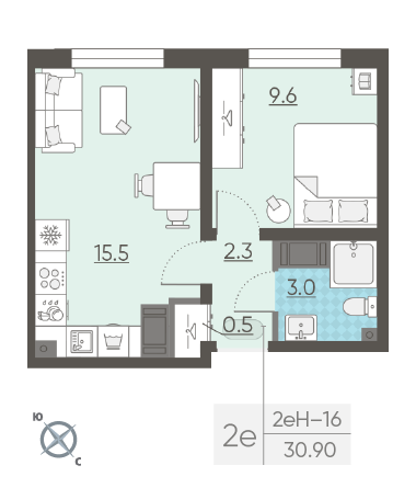 Однокомнатная квартира 30.9 м²