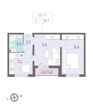 Двухкомнатная квартира 38.1 м²