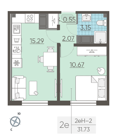 Однокомнатная квартира 31.73 м²