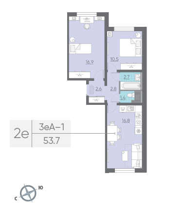 Двухкомнатная квартира 53.7 м²