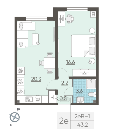 Однокомнатная квартира 43.2 м²