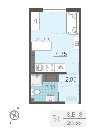 Студия 20.35 м²