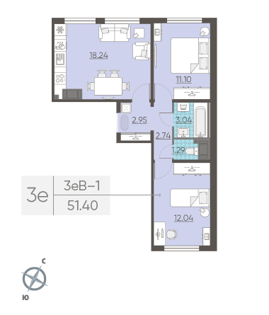 Двухкомнатная квартира 51.4 м²