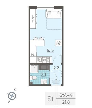 Студия 21.8 м²