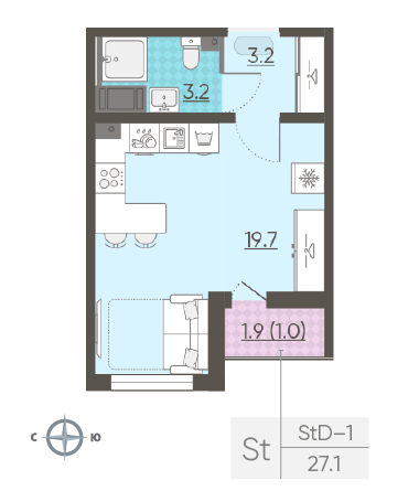 Студия 27.1 м²