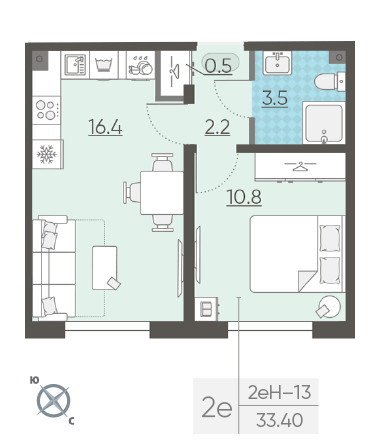 Однокомнатная квартира 33.4 м²