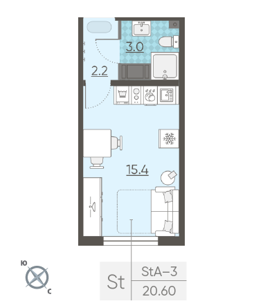 Студия 20.6 м²