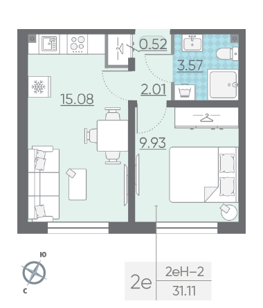 Однокомнатная квартира 31.11 м²