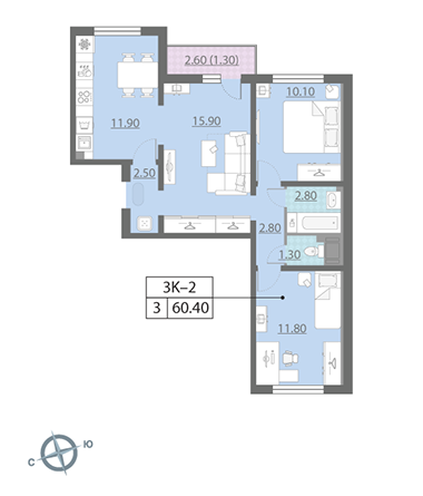 Трёхкомнатная квартира 60.4 м²