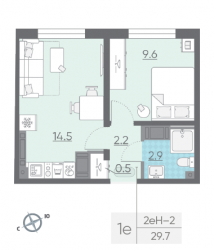 Однокомнатная квартира 29.7 м²
