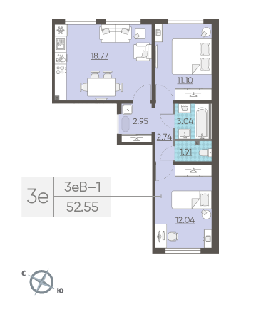 Двухкомнатная квартира 52.55 м²