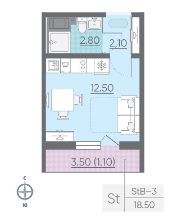 Студия 18.5 м²