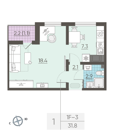Однокомнатная квартира 31.8 м²