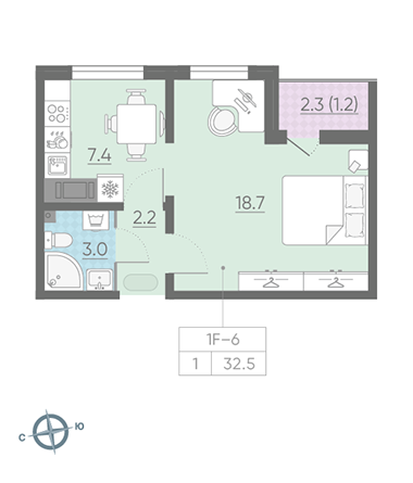 Однокомнатная квартира 32.5 м²