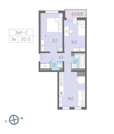 Двухкомнатная квартира 50.5 м²