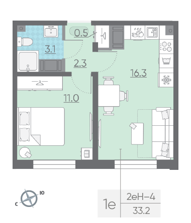 Однокомнатная квартира 33.2 м²