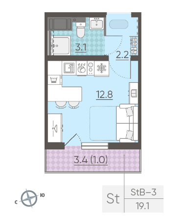 Студия 19.1 м²