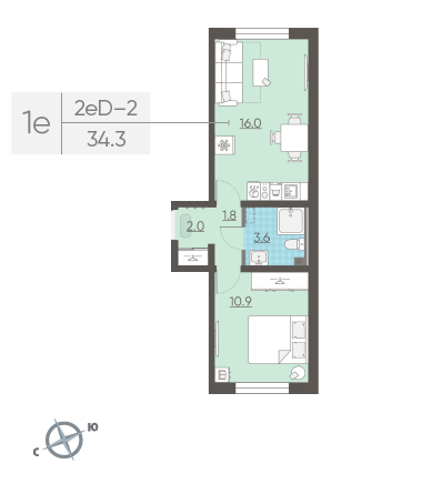 Однокомнатная квартира 34.3 м²