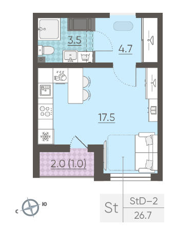 Студия 26.7 м²