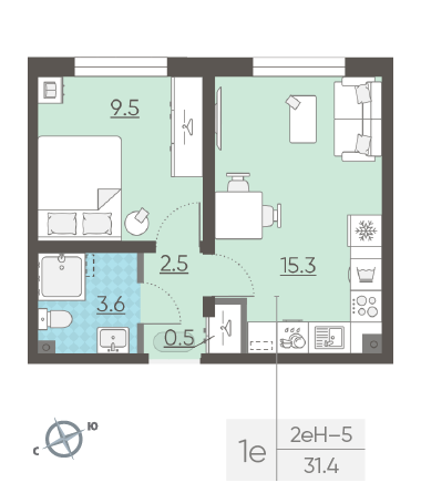 Однокомнатная квартира 31.4 м²