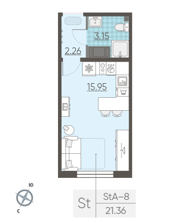 Студия 21.36 м²