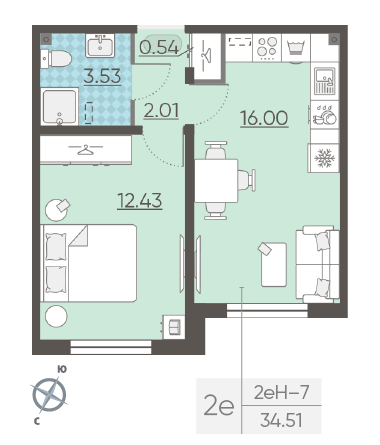 Однокомнатная квартира 34.51 м²