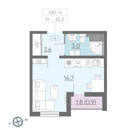 Студия 22.2 м²