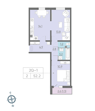 Двухкомнатная квартира 52.2 м²