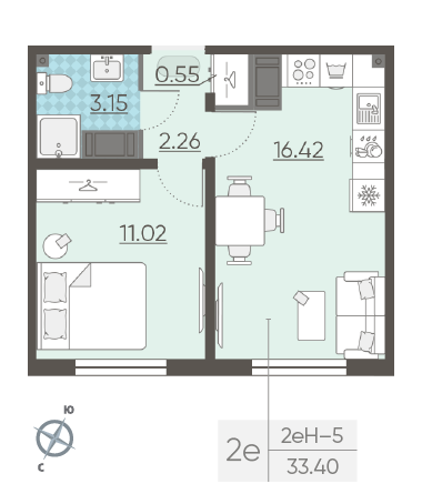 Однокомнатная квартира 33.4 м²