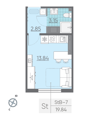 Студия 19.84 м²