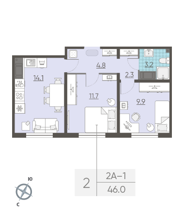 Двухкомнатная квартира 46 м²
