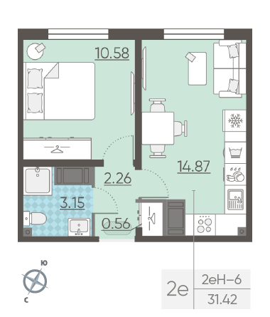Однокомнатная квартира 31.42 м²