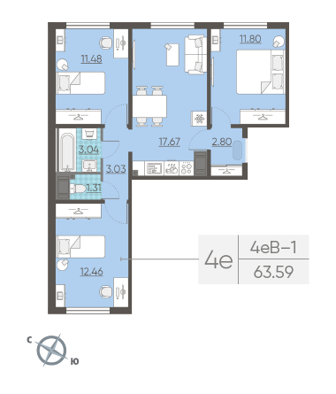 Трёхкомнатная квартира 63.59 м²