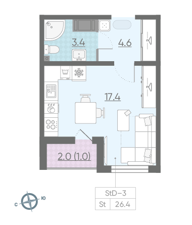 Студия 26.4 м²