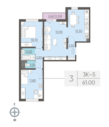 Трёхкомнатная квартира 61 м²
