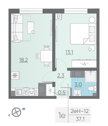 Однокомнатная квартира 37.1 м²