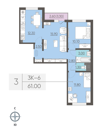 Трёхкомнатная квартира 61 м²