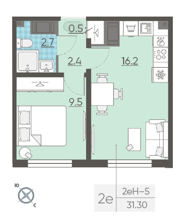 Однокомнатная квартира 31.3 м²