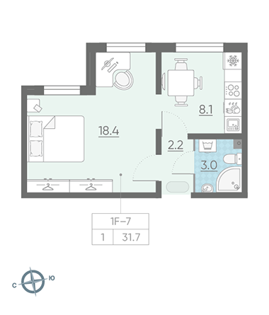 Однокомнатная квартира 31.7 м²