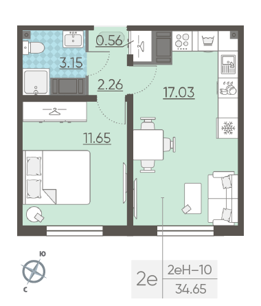 Однокомнатная квартира 34.65 м²