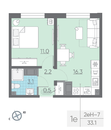 Однокомнатная квартира 33.1 м²