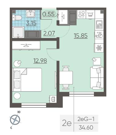 Однокомнатная квартира 34.6 м²