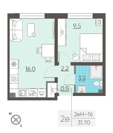 Однокомнатная квартира 31.7 м²